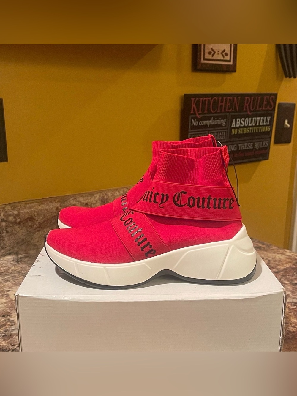 Juicy Couture Red Knit High-Top Slip-On Sneakers with White Sole - Picture 5 of 5